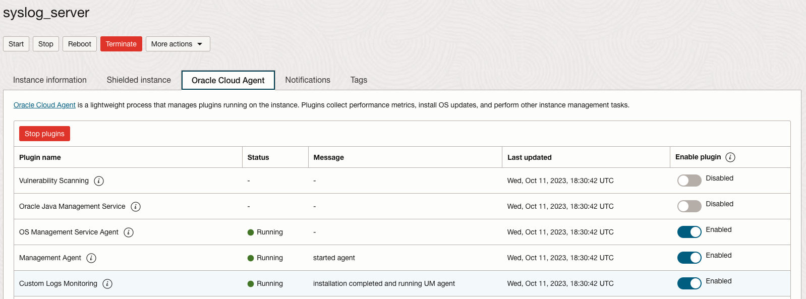 OCI syslog server Oracle Cloud Agent